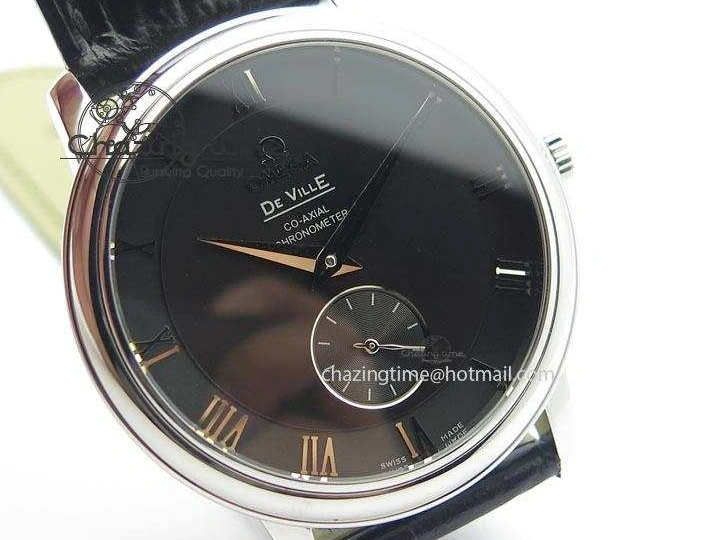 0103 De Ville MK 1:1 Best Edition SS Black Dial On Black Leather Asian Seagull T1701 (Sec@6) Unisex 8243